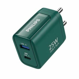 Philips 25W GaN III Fast Charger, Dual USB-A & USB-C Ports, Compact Wall Charger with Advanced Protection