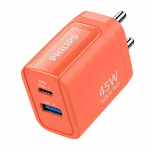 Philips 45W Fast Wall Charger with USB-C & USB-A Dual Ports, 2-Device Simultaneous Charging, Advanced Safety Protection