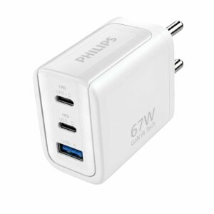 Philips 67W Gen III Tech Fast Charger, Dual USB-C + USB-A, High-Speed Power Delivery, Compact Wall Charger