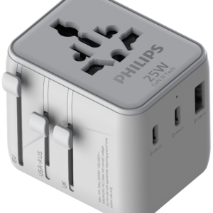 Philips 25W GaN Travel Charger with 2 USB-C & 1 USB-A Ports, PD 3.0/PPS, Universal Travel Adapter – CHP5001S/94