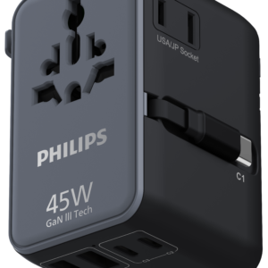 Philips  45W GaN Travel Charger with 2 USB-C & 2 USB-A Ports, Built-in Retractable USB-C Cable, PD 3.0, PPS - CHP9005S/94