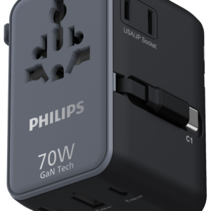 Philips 70W GaN Travel Charger with Retractable USB-C Cable, 2 USB-C/USB-A Outputs & Global Travel Plugs-CHP9006S/94