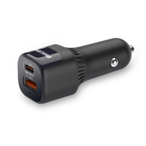 PHILIPS Car Charger – 65W Fast Dual-Port USB-A & USB-C with Power Delivery | Durable Metal Design- DLP1522NB/94